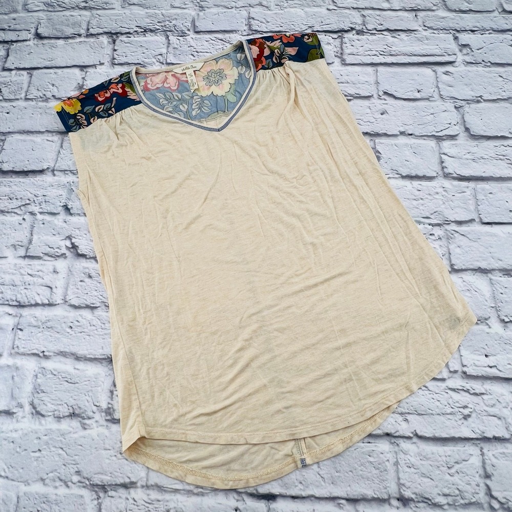 Matilda Jane Womens XS Cream Floral Mixed Media Sleeveless V-Neck Top Boho